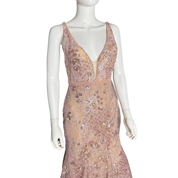 Mac Duggal Rose Pink Floral Embellished Sleeveless Plunge Neck Gown Women’s Sz 4 - Picture 4 of 10